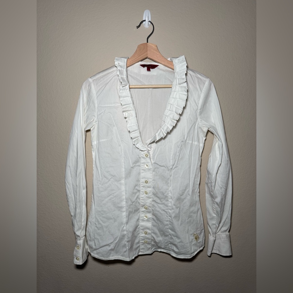 Women’s U.S. Polo Assn Large White Ruffle Long Sleeve Shirt